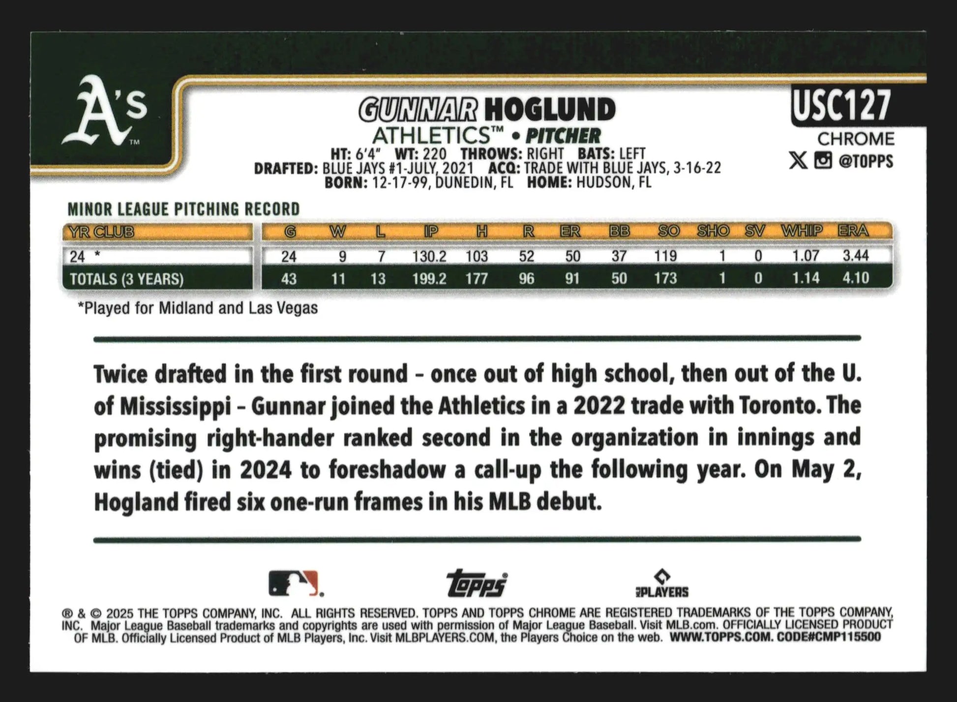 2025 Topps Chrome Update #USC127 Gunnar Hoglund X-Fractor RC - Baseball Card Single