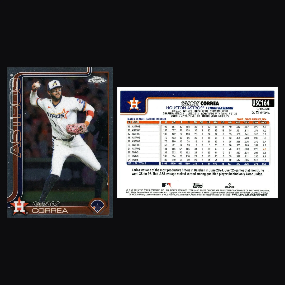 2025 Topps Chrome Update #USC164 Carlos Correa Astros - Baseball Card Single