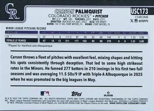 2025 Topps Chrome Update #USC173 Carson Palmquist NM-MT RC Rookie Rocki ID:81689 - Baseball Card Single