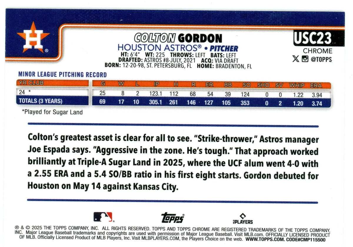 2025 Topps Chrome Update #USC23 Colton Gordon Astros RC - Baseball Card Single