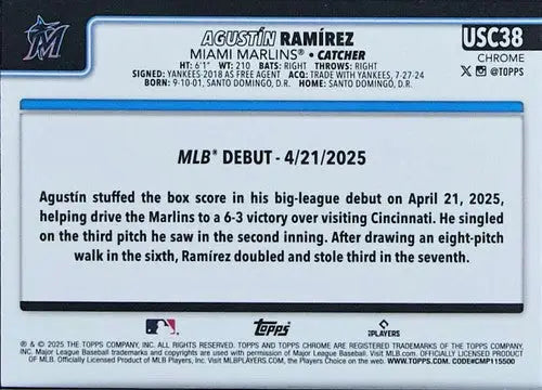 2025 Topps Chrome Update #USC38 Agustin Ramirez NM-MT RC Rookie Marlins ID:81673 - Baseball Card Single