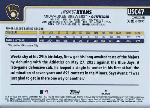 2025 Topps Chrome Update #USC47 Drew Avans NM-MT RC Rookie Brewers ID:81675 - Baseball Card Single