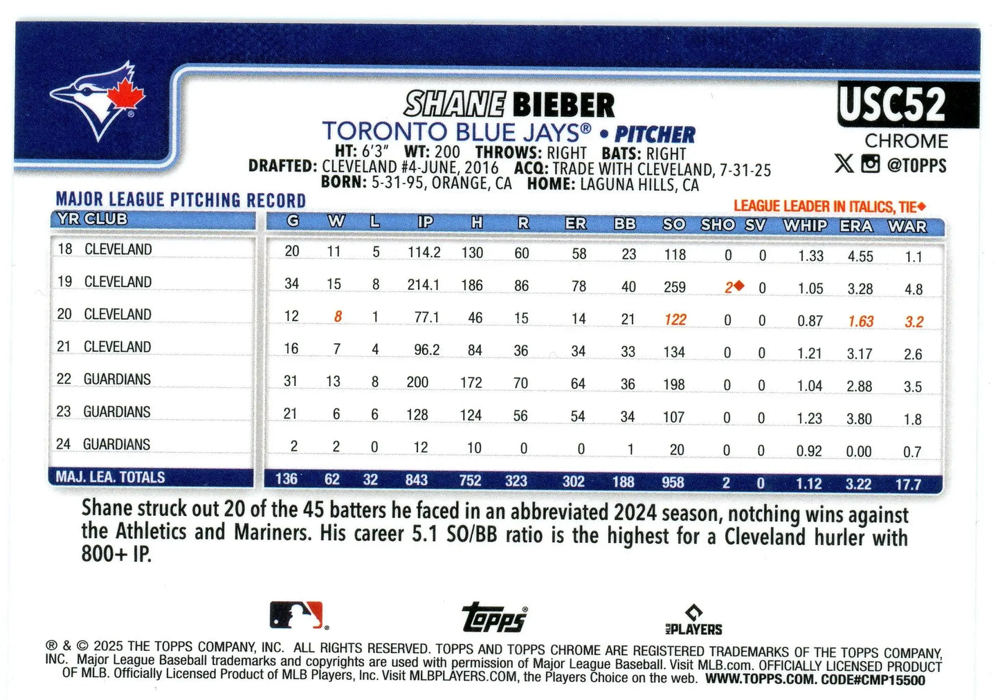 2025 Topps Chrome Update #USC52 Shane Bieber Toronto Blue Jays
