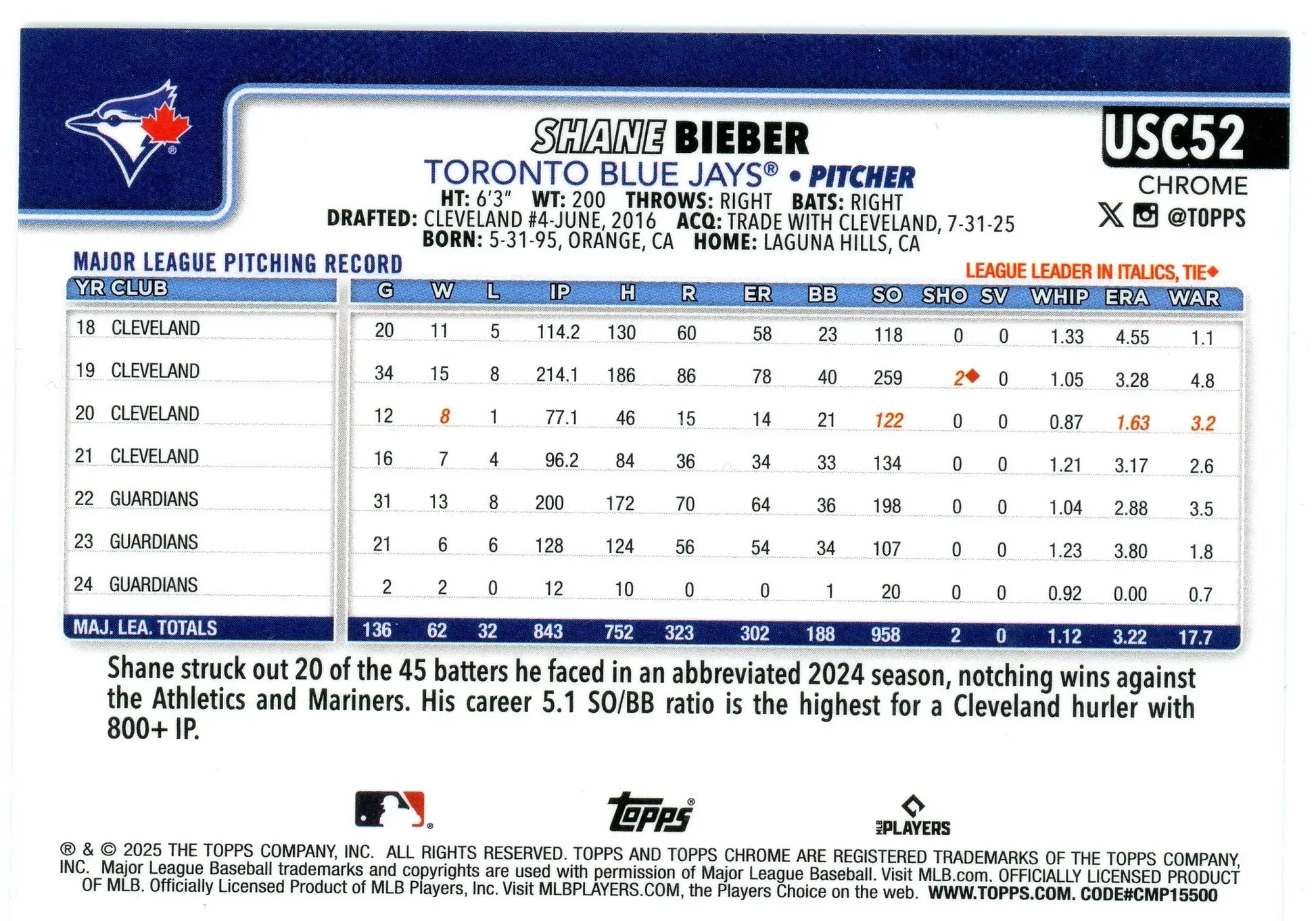 2025 Topps Chrome Update #USC52 Shane Bieber Toronto Blue Jays