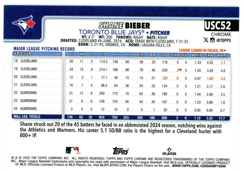 2025 Topps Chrome Update #USC52 Shane Bieber Toronto Blue Jays