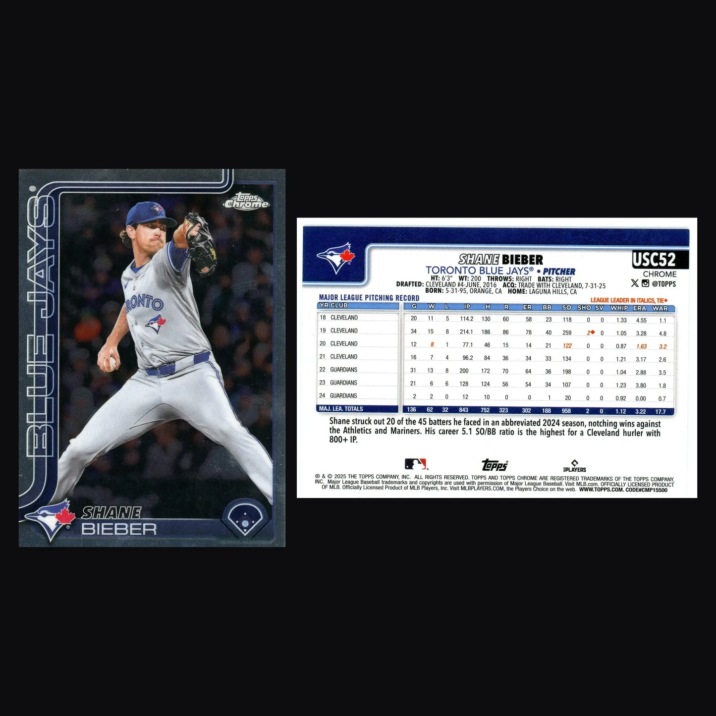 2025 Topps Chrome Update #USC52 Shane Bieber Toronto Blue Jays