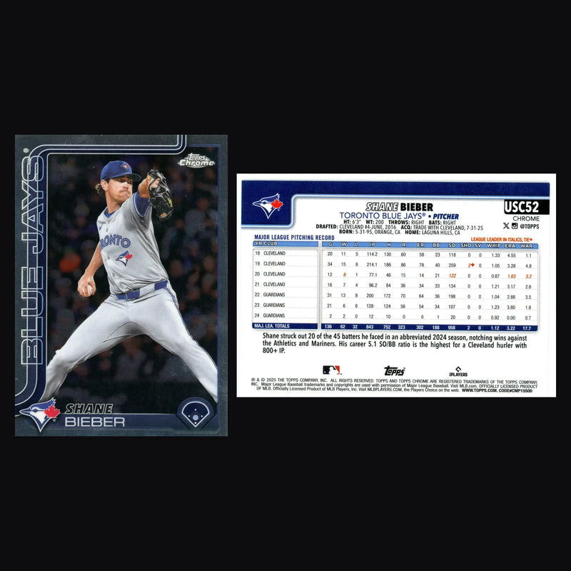 2025 Topps Chrome Update #USC52 Shane Bieber Toronto Blue Jays