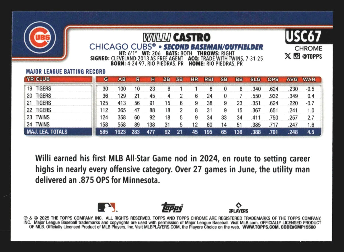 2025 Topps Chrome Update #USC67 Willi Castro Chicago Cubs - Baseball Card Single