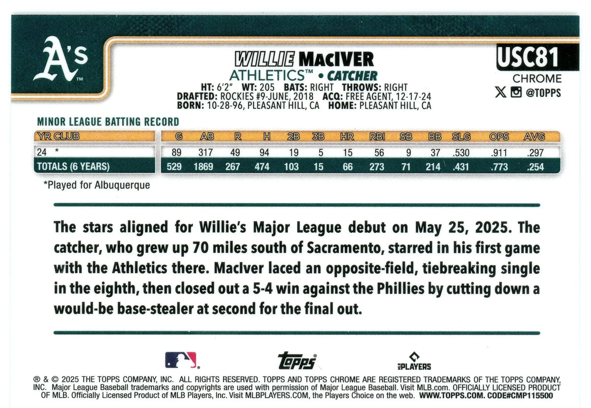 2025 Topps Chrome Update #USC81 Willie MacIver Athletics RC - Baseball Card Single