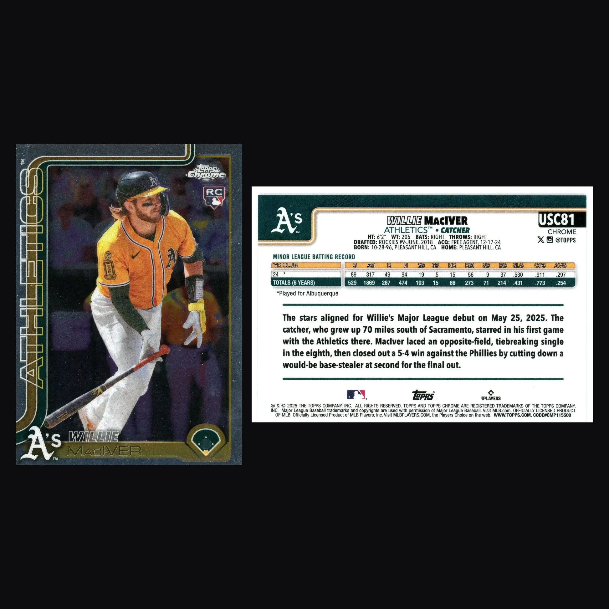 2025 Topps Chrome Update #USC81 Willie MacIver Athletics RC - Baseball Card Single