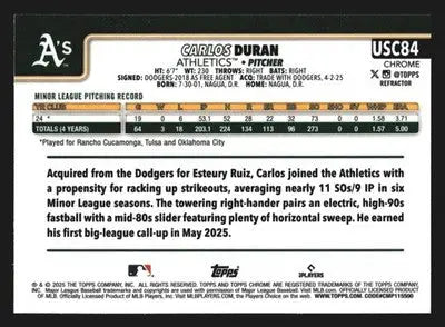 2025 Topps Chrome Update #USC84 Carlos Duran Athletics Refractor RC