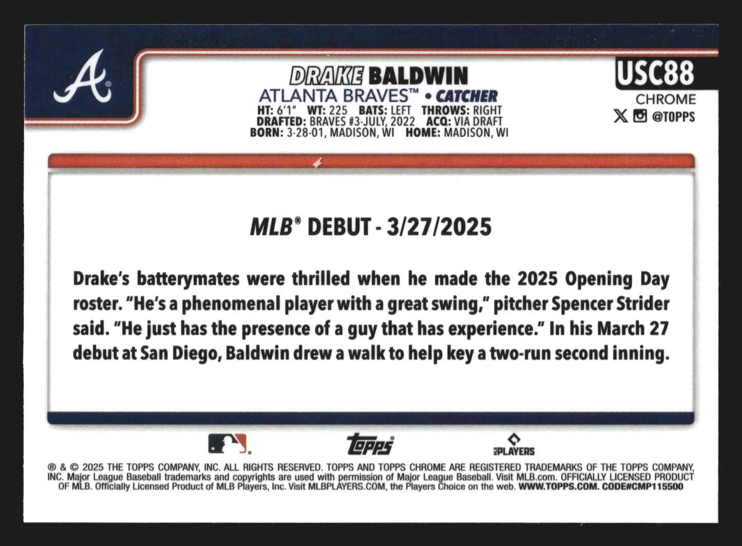 2025 Topps Chrome Update #USC88 Drake Baldwin Braves RC Rookie Debut