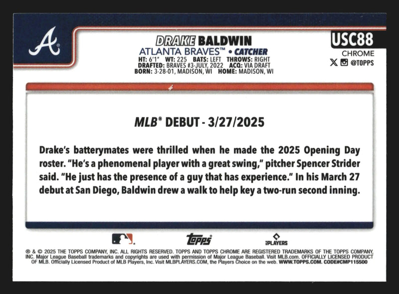 2025 Topps Chrome Update #USC88 Drake Baldwin Braves RC Rookie Debut