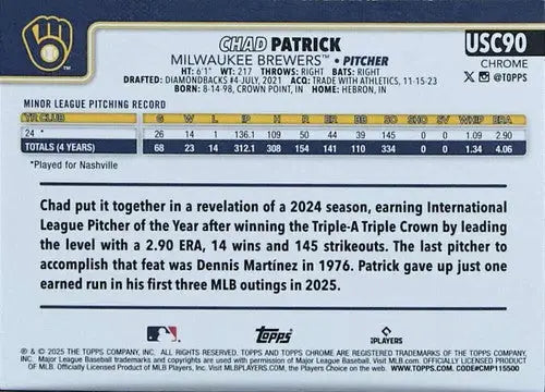 2025 Topps Chrome Update #USC90 Chad Patrick NM-MT RC Rookie Brewers ID:81678 - Baseball Card Single