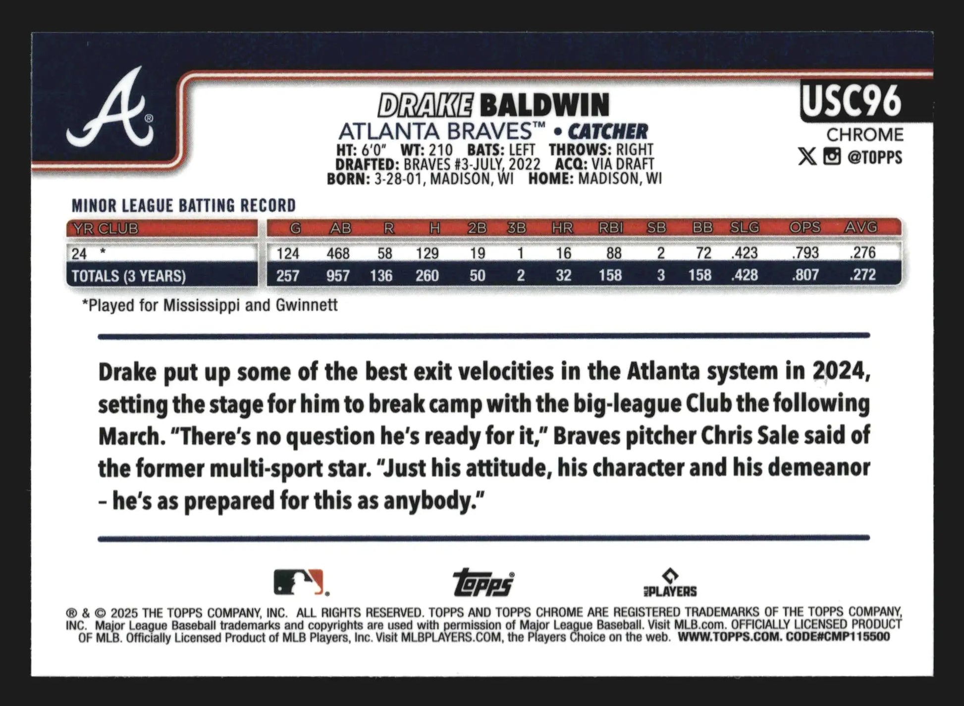 2025 Topps Chrome Update #USC96 Drake Baldwin Atlanta Braves RC
