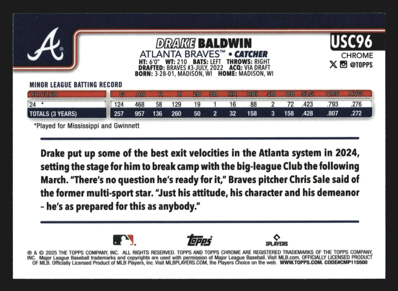 2025 Topps Chrome Update #USC96 Drake Baldwin Atlanta Braves RC