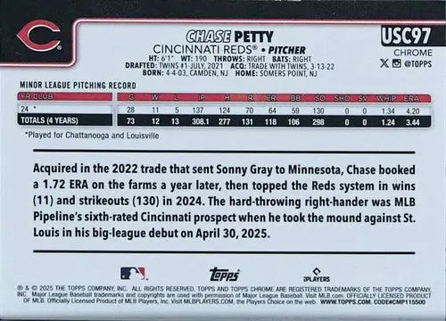 2025 Topps Chrome Update #USC97 Chase Petty NM-MT RC Rookie Reds ID:81679 - Baseball Card Single