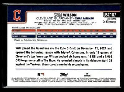 2025 Topps Chrome Update Will Wilson #USC187 RC Cleveland Guardians