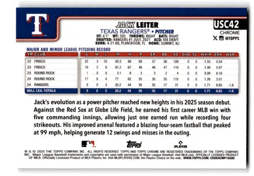 2025 Topps Chrome Update X-Fractor #USC42 Jack Leiter NM-MT Rangers ID:81694 - Baseball Card Single