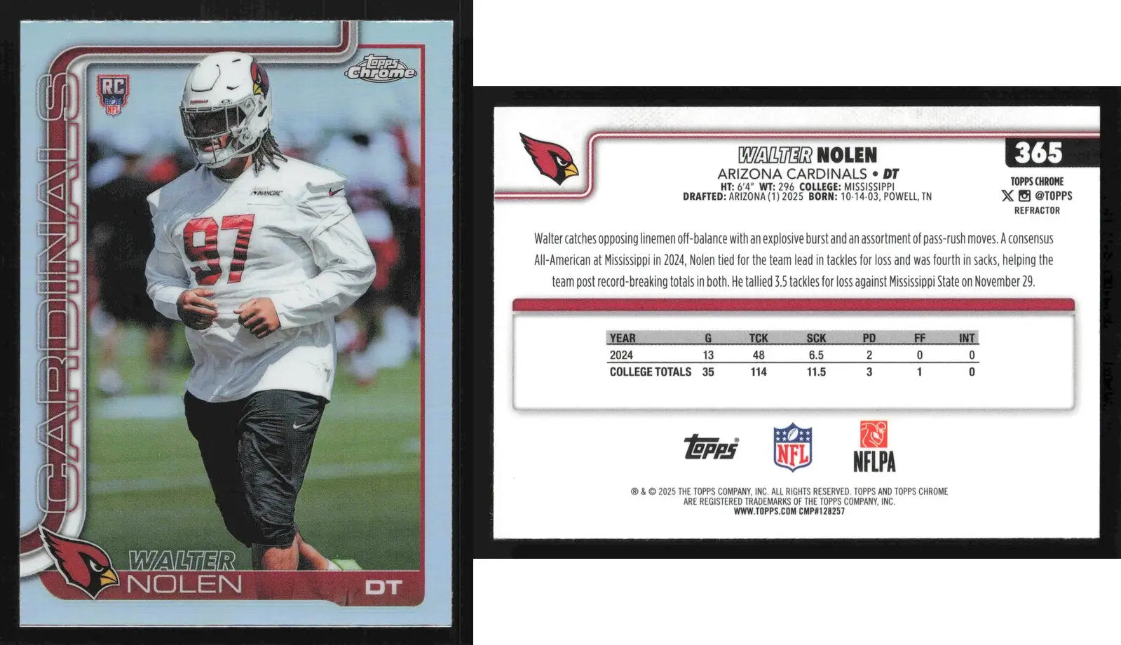2025 Topps Chrome WALTER NOLEN #365 Refractor Arizona Cardinals RC - Football Card Single
