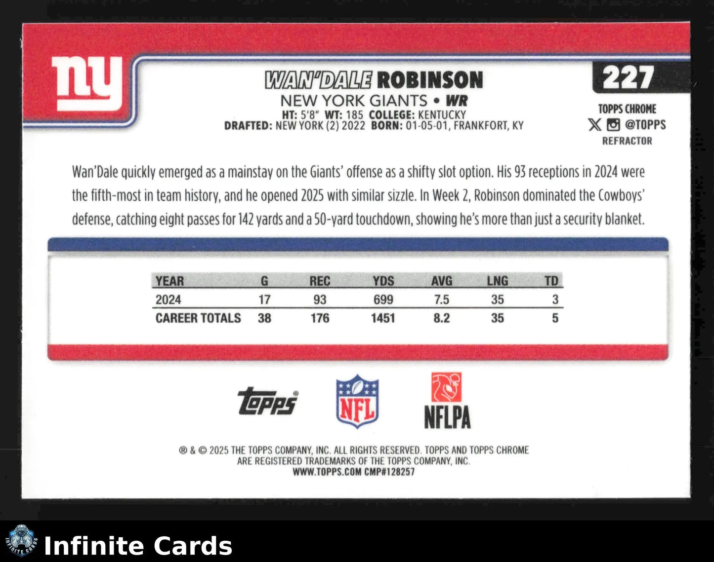 2025 Topps Chrome WAN’DALE ROBINSON #227 Refractor New York Giants - Football Card Single