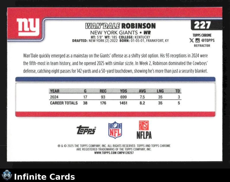 2025 Topps Chrome WAN’DALE ROBINSON #227 Refractor New York Giants - Football Card Single