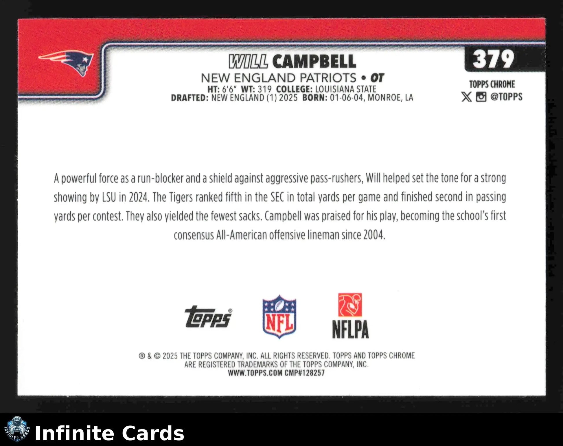 2025 Topps Chrome WILL CAMPBELL #379 New England Patriots RC - Football Card Single
