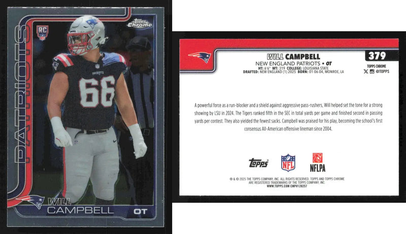 2025 Topps Chrome WILL CAMPBELL #379 New England Patriots RC - Football Card Single