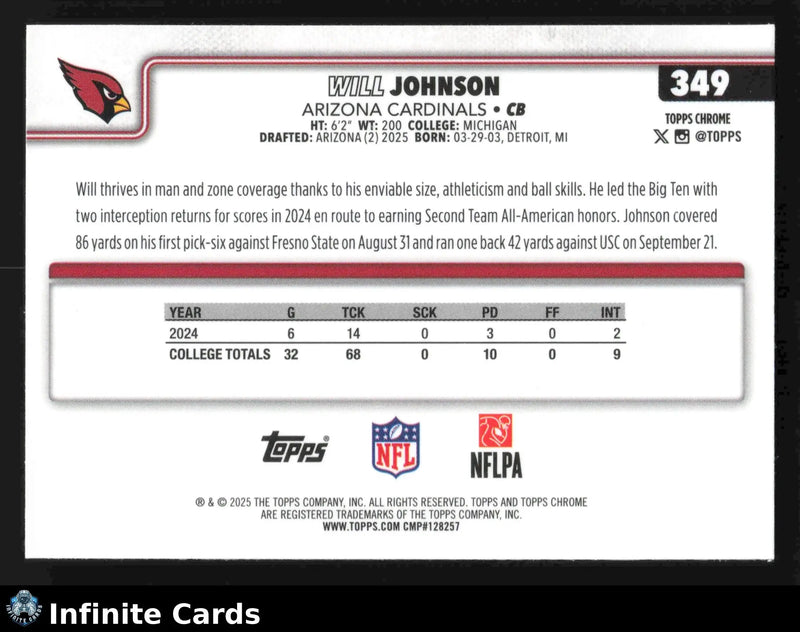 2025 Topps Chrome WILL JOHNSON #349 Chrome Arizona Cardinals RC - Football Card Single