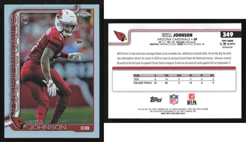 2025 Topps Chrome WILL JOHNSON #349 Refractor Arizona Cardinals RC - Football Card Single