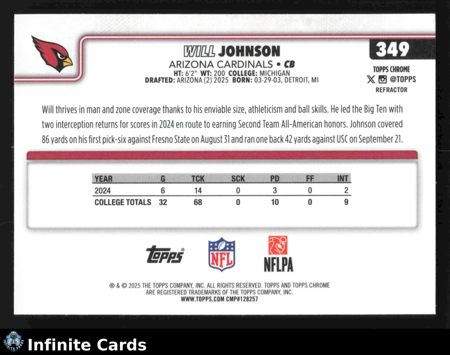 2025 Topps Chrome WILL JOHNSON #349 Refractor Arizona Cardinals RC - Football Card Single