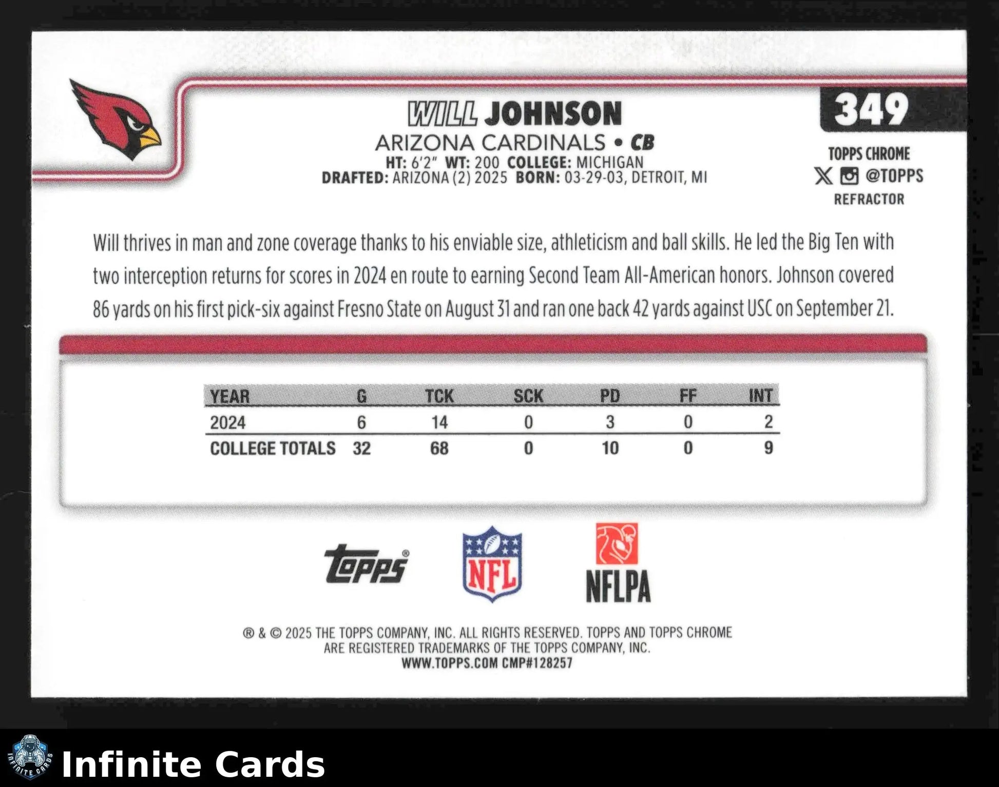 2025 Topps Chrome WILL JOHNSON #349 Refractor Arizona Cardinals RC - Football Card Single