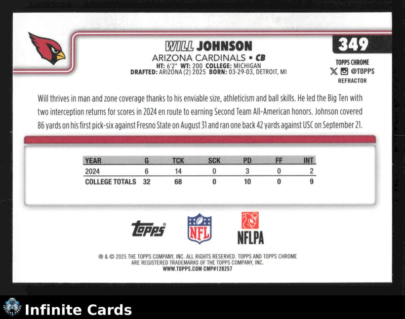 2025 Topps Chrome WILL JOHNSON #349 Refractor Arizona Cardinals RC - Football Card Single