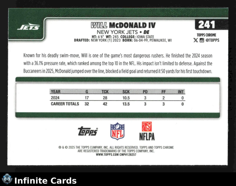 2025 Topps Chrome WILL MCDONALD IV #241 New York Jets - Football Card Single