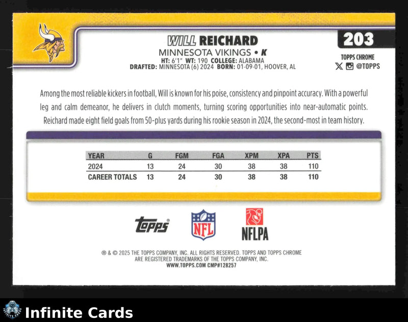 2025 Topps Chrome WILL REICHARD #203 Minnesota Vikings RC - Football Card Single