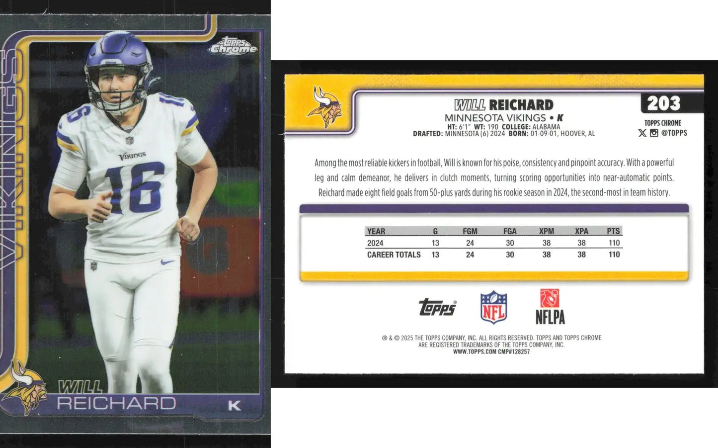 2025 Topps Chrome WILL REICHARD #203 Minnesota Vikings RC - Football Card Single