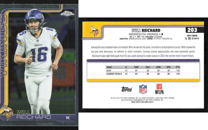 2025 Topps Chrome WILL REICHARD #203 Minnesota Vikings RC - Football Card Single
