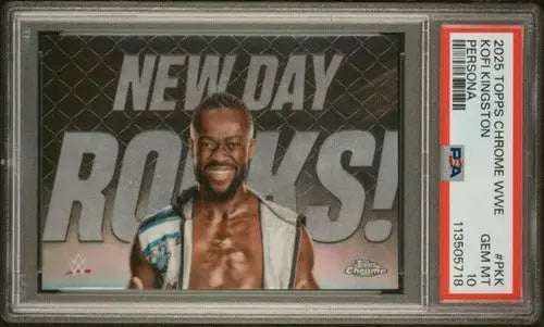 Original gloss 2025 Topps Chrome WWE Persona Kofi Kingston trading card PSA 10
