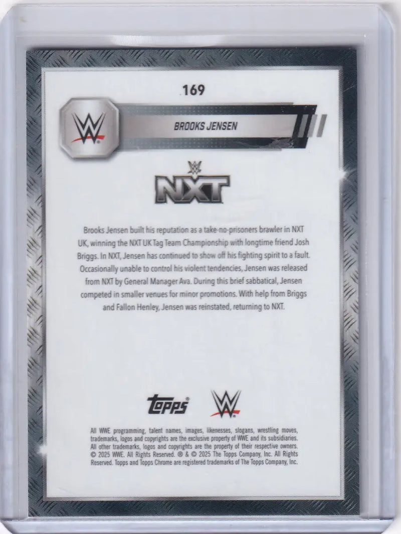 Brooks Jensen wrestling card from 2025 Topps Chrome WWE Red and Blue Refractors