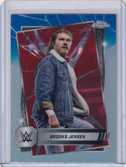 Brooks Jensen wrestling card from 2025 Topps Chrome WWE Red and Blue Refractors #169