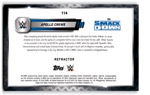 Apollo Crews wrestling card from 2025 Topps Chrome WWE Refractor collection