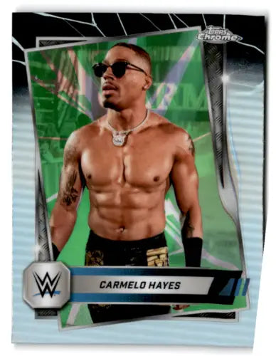 Carmelo Hayes wrestling card from 2025 Topps Chrome WWE Refractor Neon Green Black