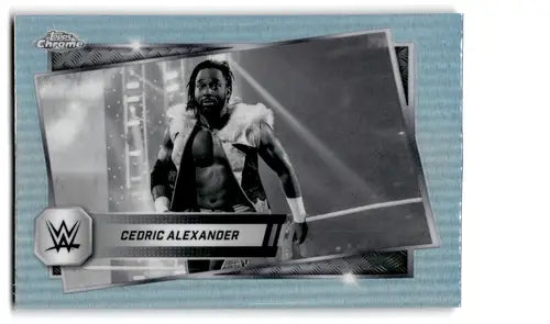 Black and white collectible trading card featuring wrestler Cedric Alexander from Topps Chrome WWE Refractor series