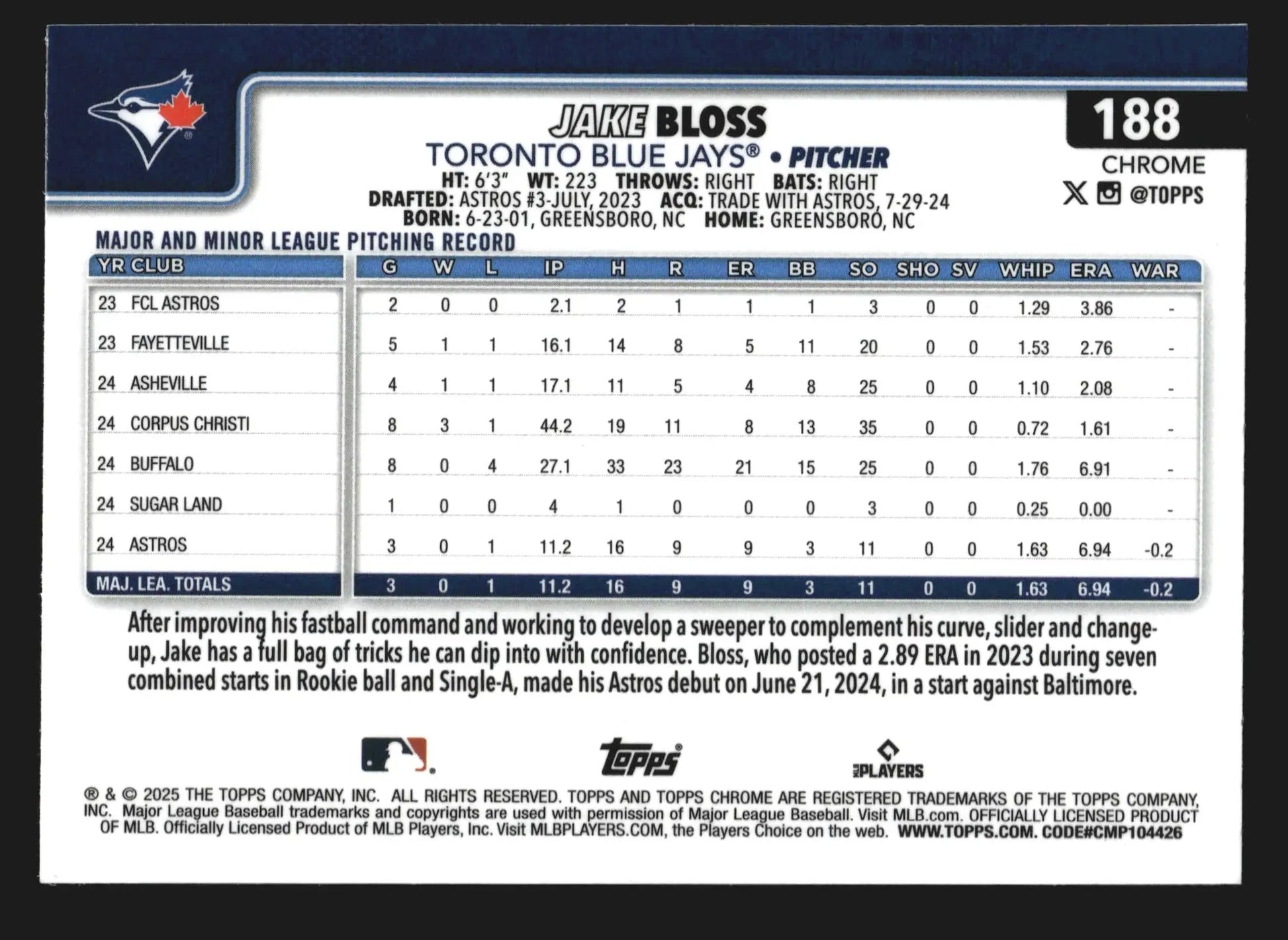 2025 Topps Chrome X-Fractor #188 Jake Bloss Toronto Blue Jays RC