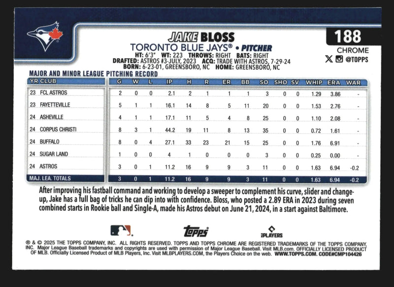 2025 Topps Chrome X-Fractor #188 Jake Bloss Toronto Blue Jays RC