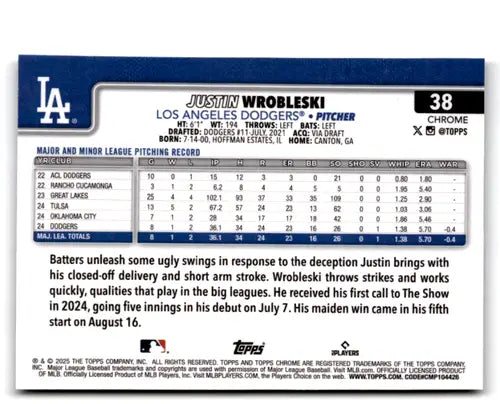 2025 topps Chrome X-Fractor #38 Justin Wrobleski NM-MT RC Rookie Dodger ID:79183 - Baseball Card Single