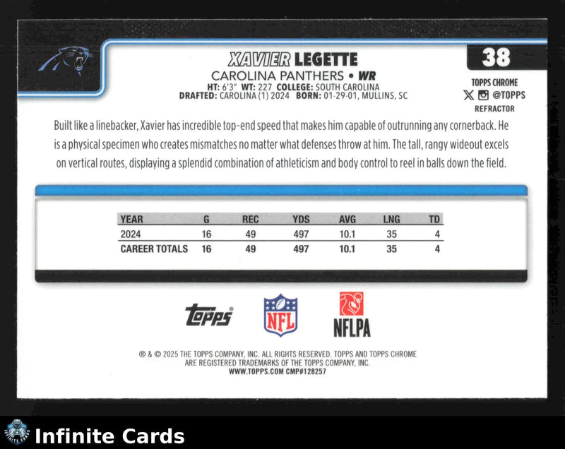2025 Topps Chrome XAVIER LEGETTE #38 Refractor Carolina Panthers RC - Football Card Single