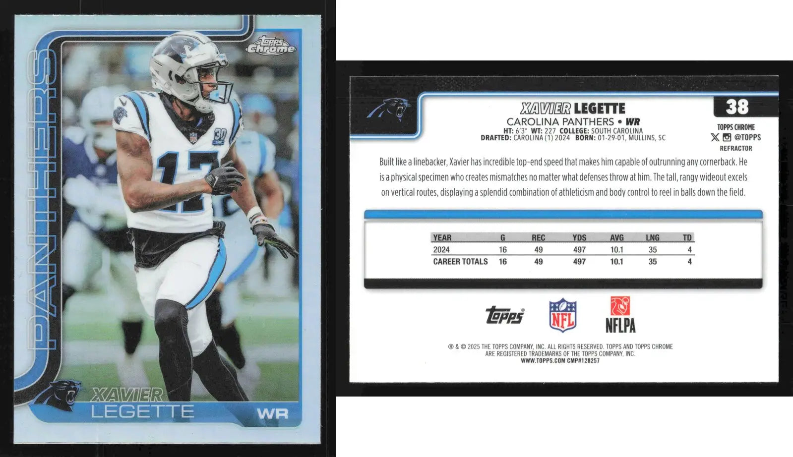 2025 Topps Chrome XAVIER LEGETTE #38 Refractor Carolina Panthers RC - Football Card Single