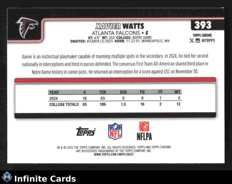 2025 Topps Chrome XAVIER WATTS #393 RC Atlanta Falcons RC - Football Card Single