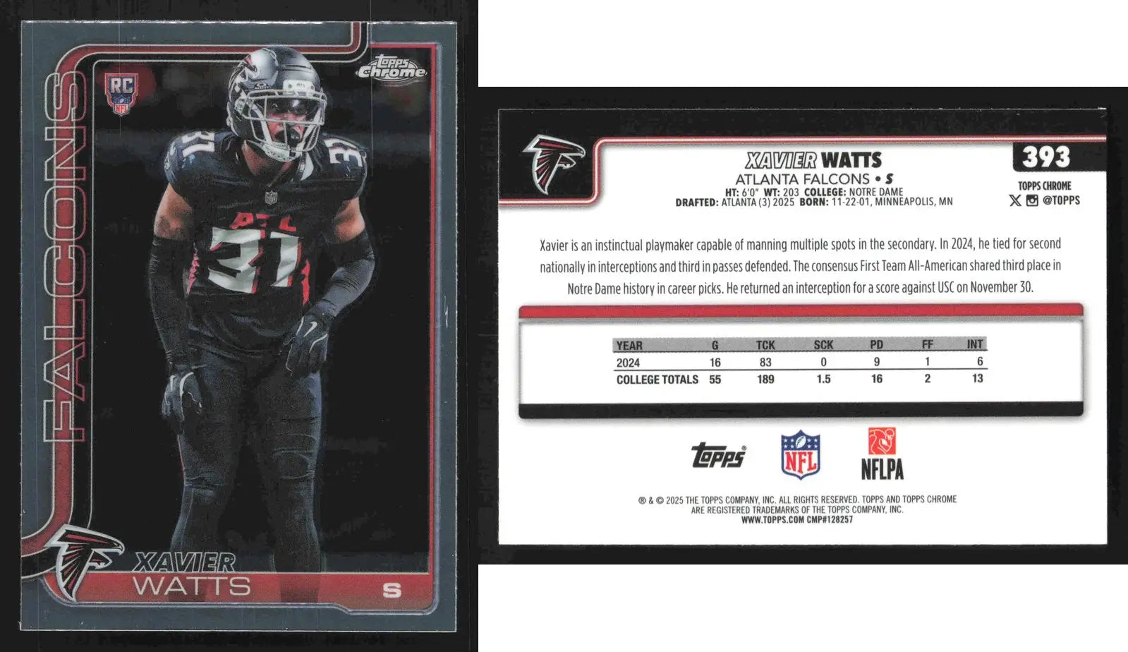 2025 Topps Chrome XAVIER WATTS #393 RC Atlanta Falcons RC - Football Card Single